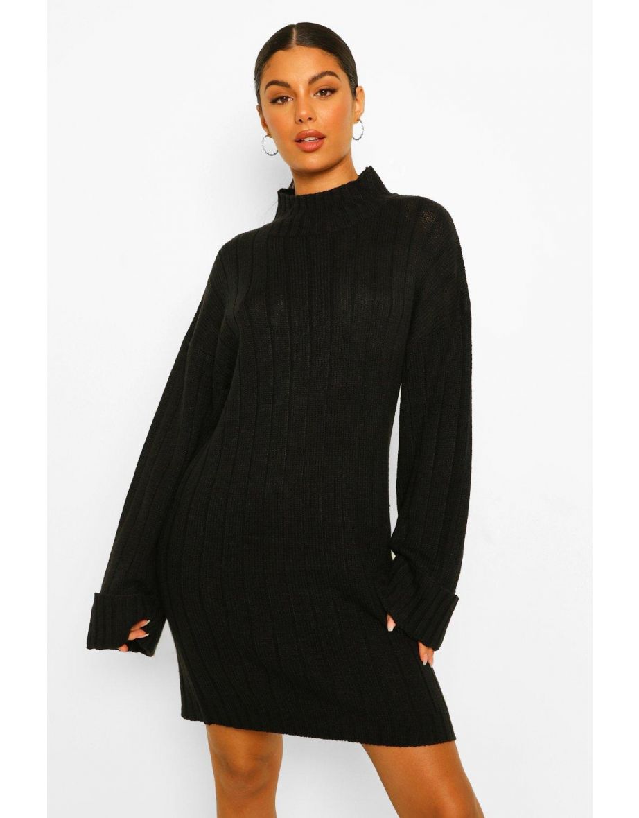 Maxi Wide Sleeve Wide Rib Jumper Dress - black