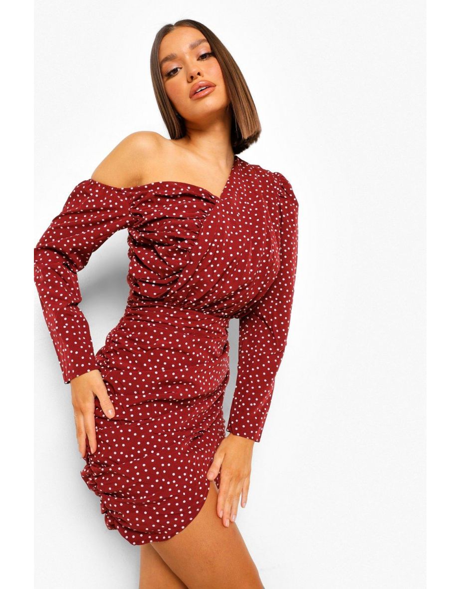 Polka Dot Ruched Asymmetric Dress - burgundy