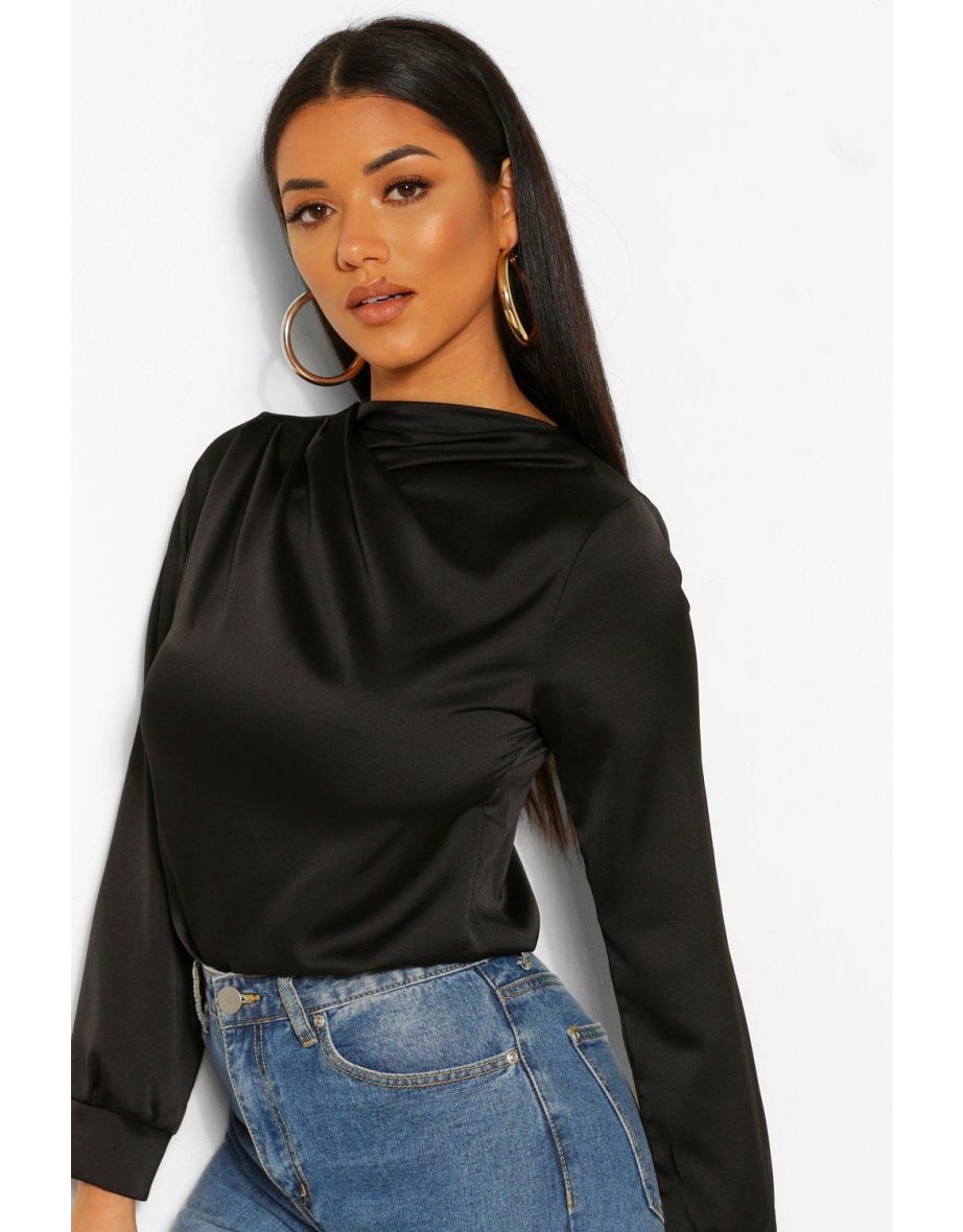 Satin Twist Neckline Blouse - black - 3