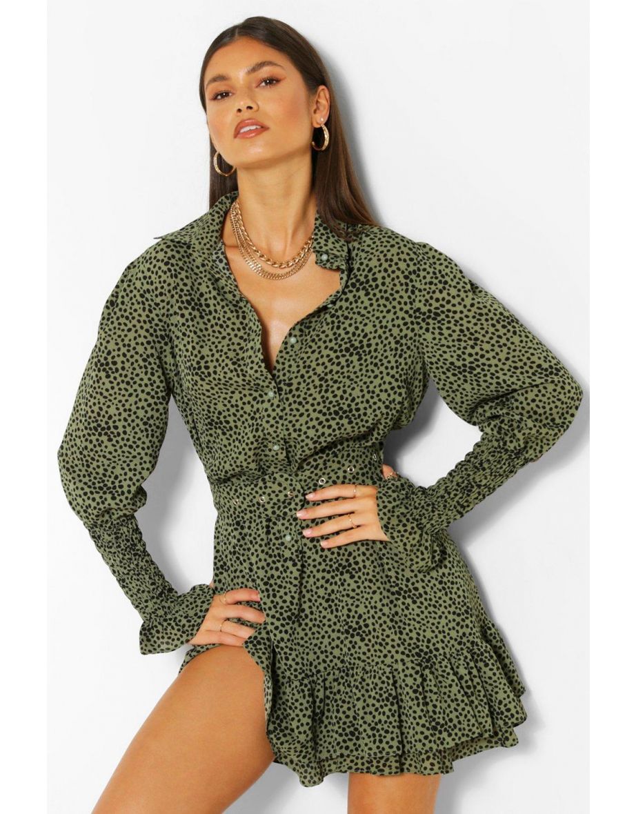 Spot Print Frill Hem Belted Shirt Dress - khaki