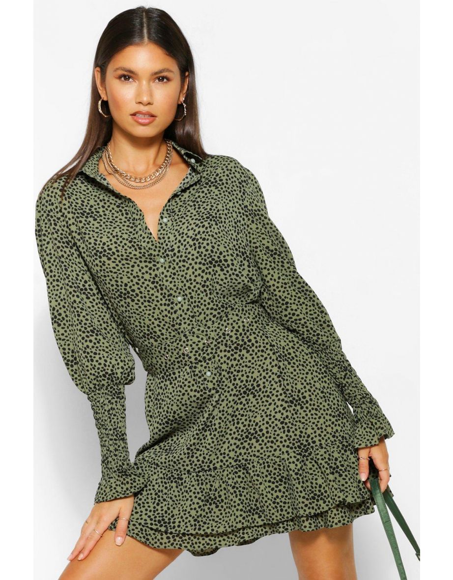 Spot Print Frill Hem Belted Shirt Dress - khaki - 3