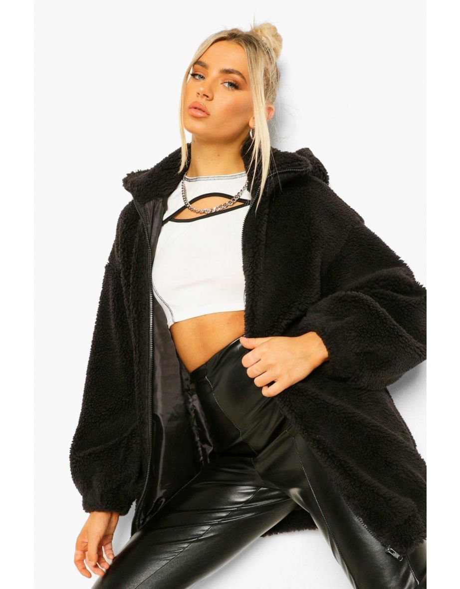 Hooded Oversized Teddy Jacket - black