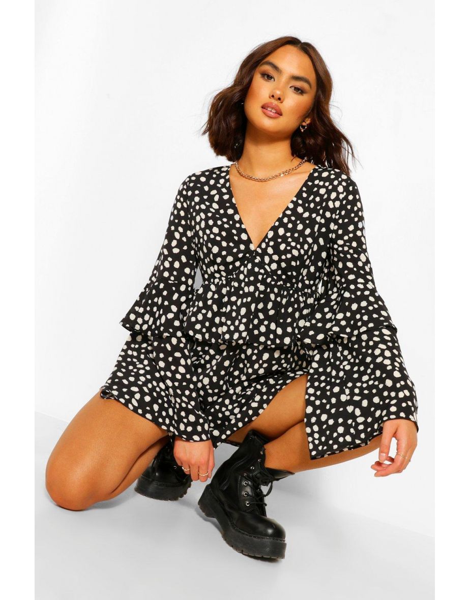 Smudge Print Frill Detail Smock Dress - black