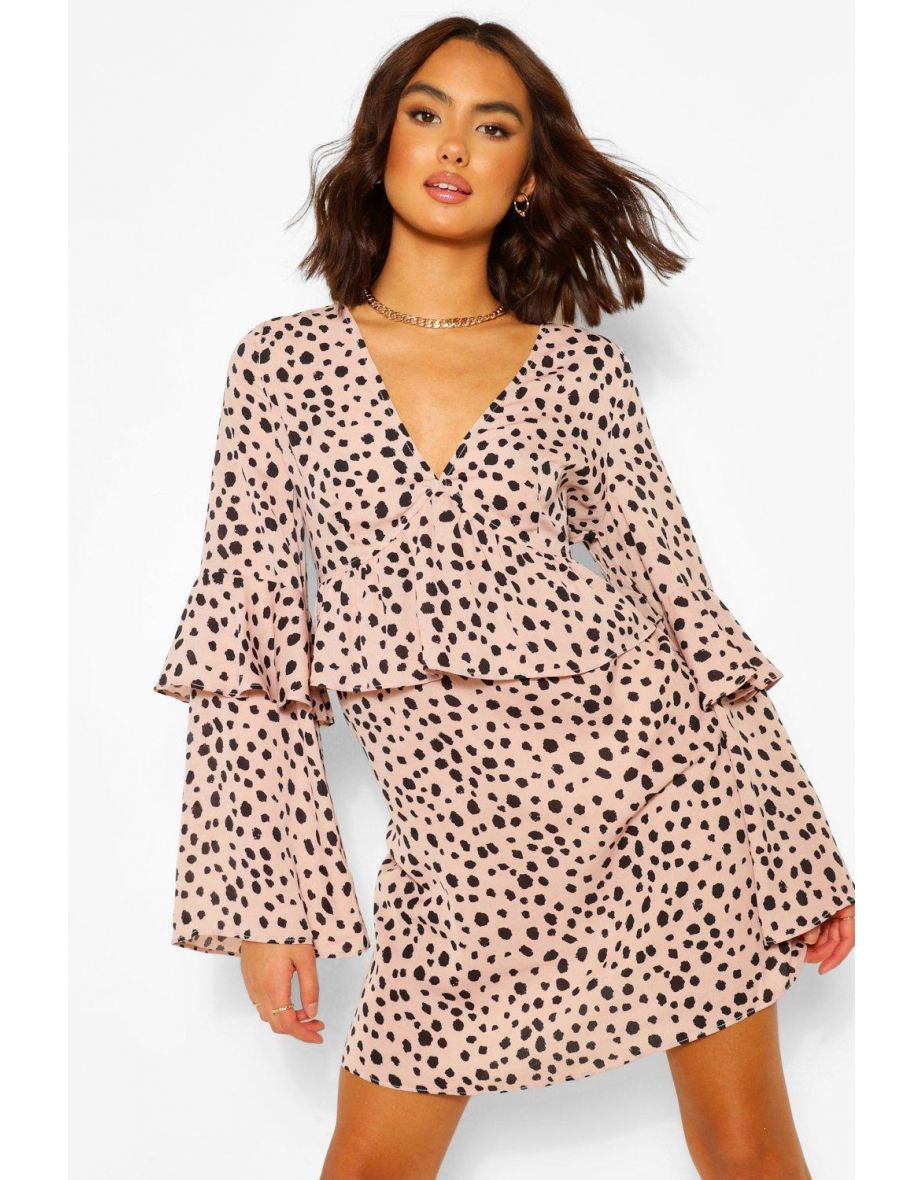 Smudge Print Frill Detail Smock Dress - black - 3