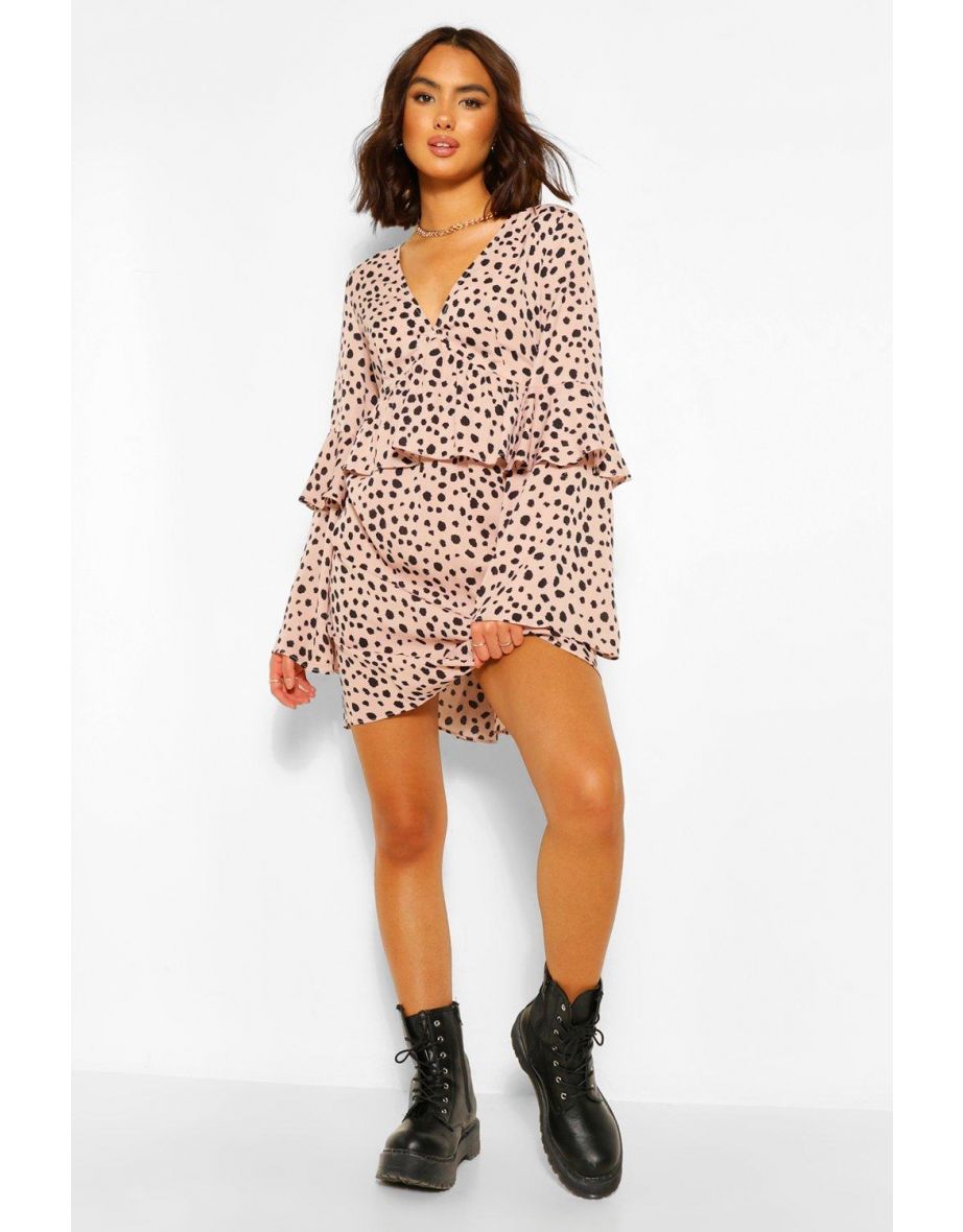 Smudge Print Frill Detail Smock Dress - stone