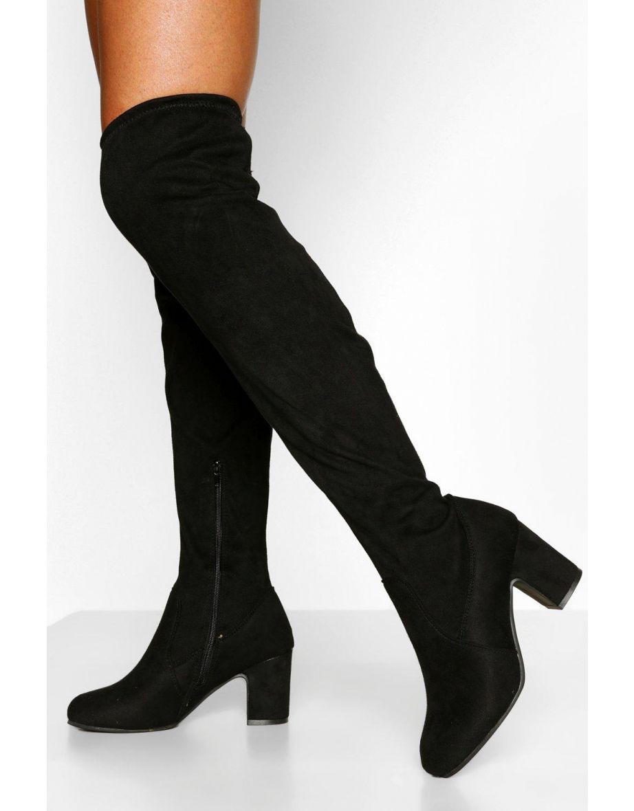 Wide Fit Block Heel Stretch Over The Knee Boot - black