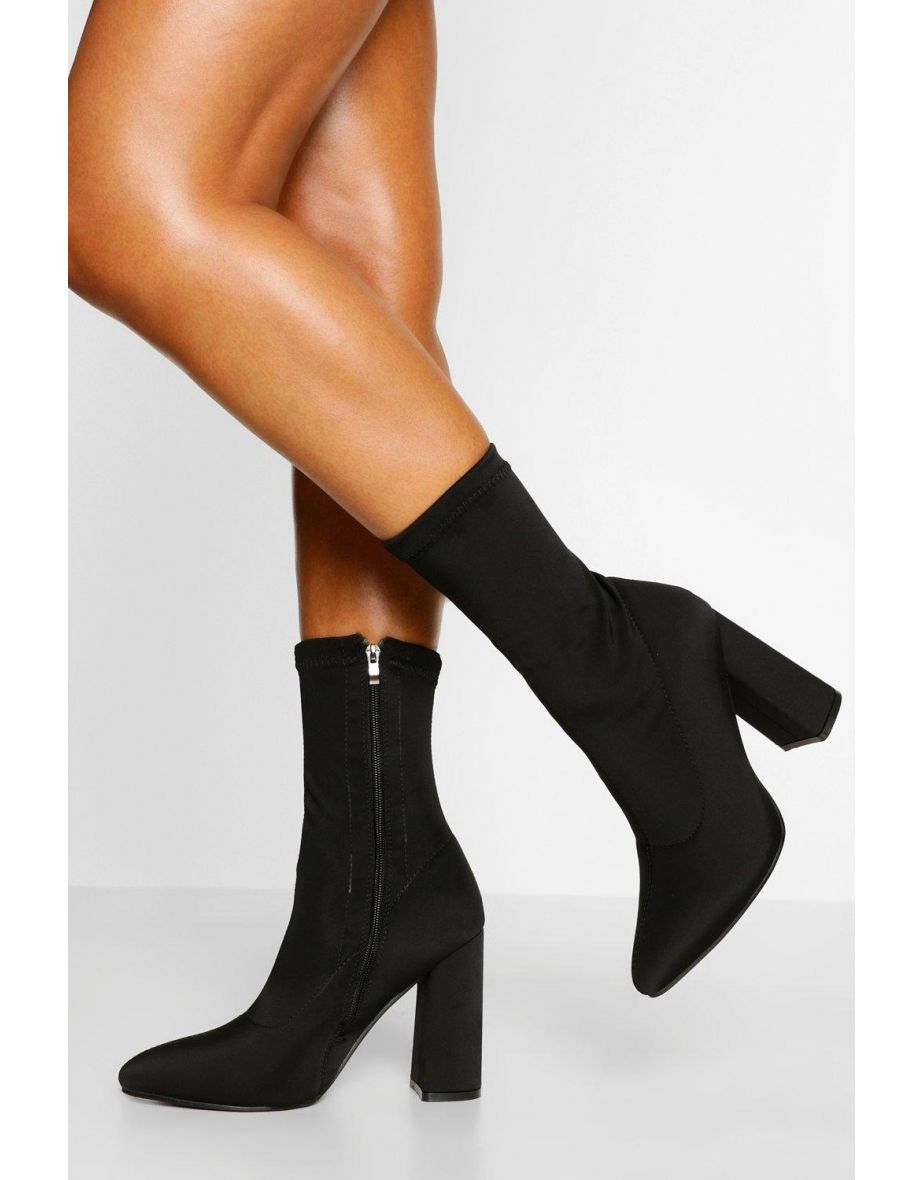 Wide Fit Pointed Block Heel Sock Boot - black