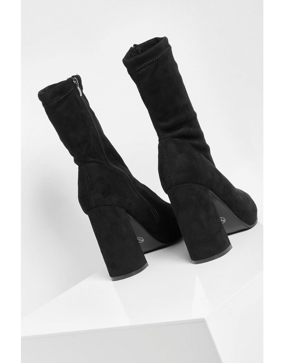 Wide Fit Suedette Pointed Block Heel Sock Boot - black - 3