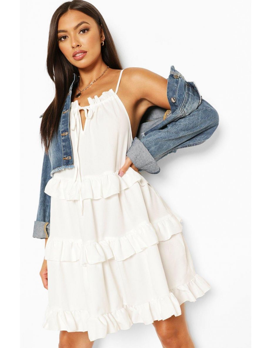 Ruffle Trim Tiered Swing Dress - white