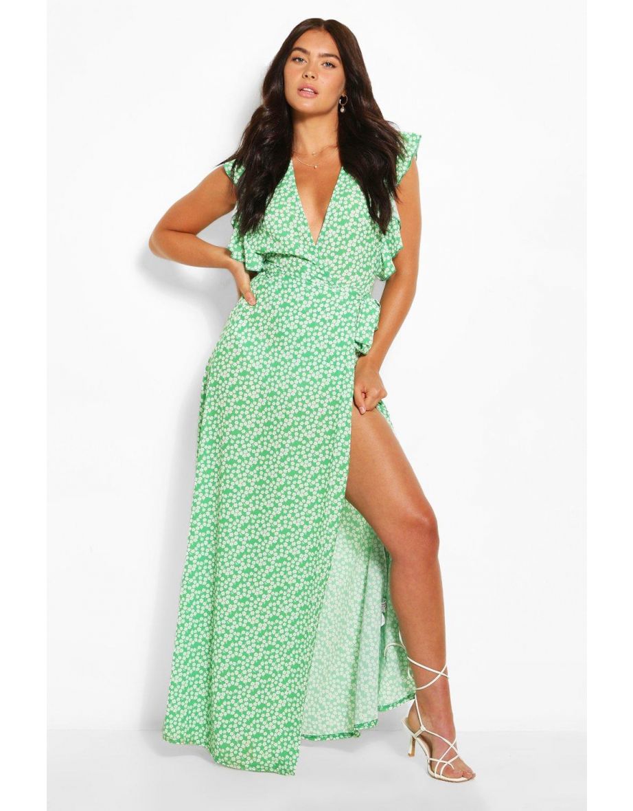 Floral Print Woven Ruffle Sleeve Wrap Maxi Dress - green