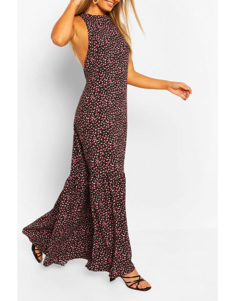 High Neck Tiered Hem Ditsy Maxi Dress - black