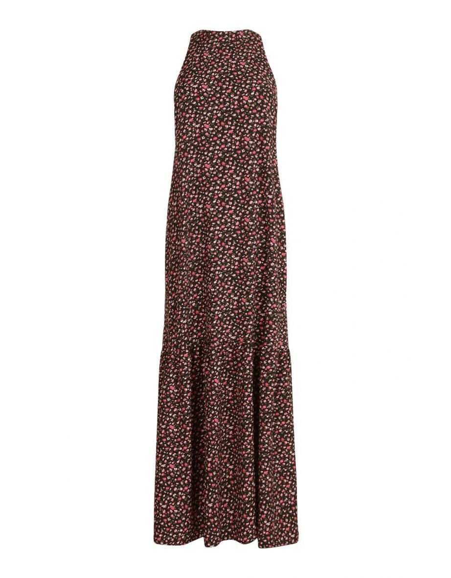 High Neck Tiered Hem Ditsy Maxi Dress - black - 1