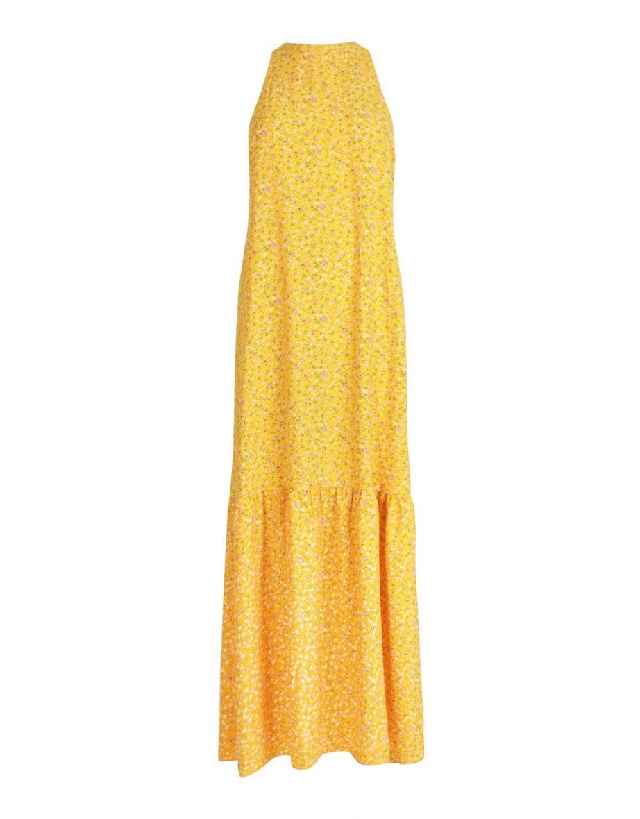 فستان ماكسي بحواف بطبقات متدرجة بياقة عالية بطبعة أزهار - أصفر - 1