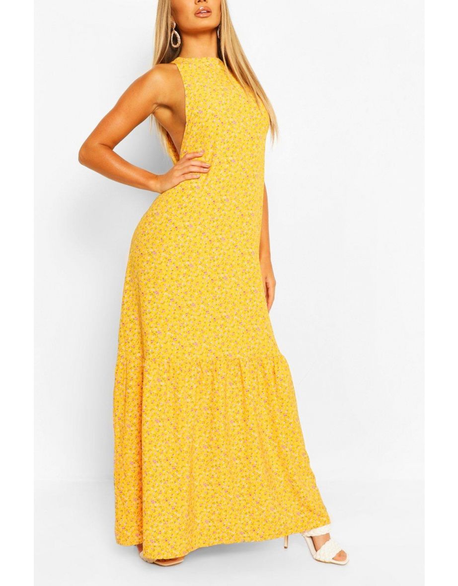 فستان ماكسي بحواف بطبقات متدرجة بياقة عالية بطبعة أزهار - أصفر
