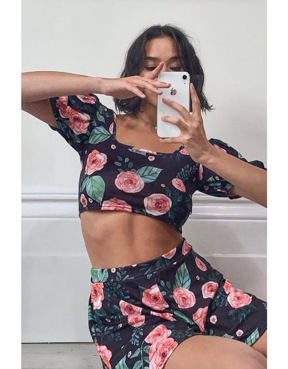 Floral Puff Sleeve Top & Skater Skirt Co-ord Set - black