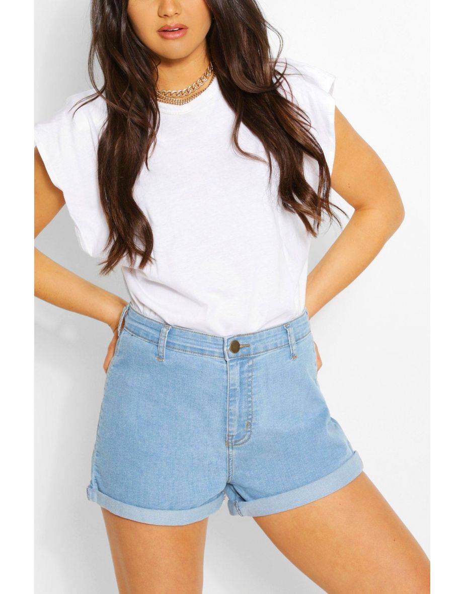 High Waist Roll Up Disco Denim Short - light blue