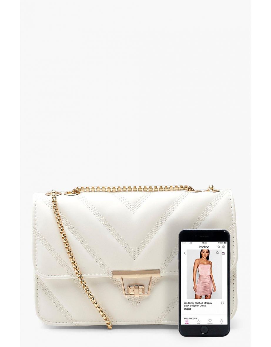 Quilted Faux Leather Cross Body Chain Bag - white - 3