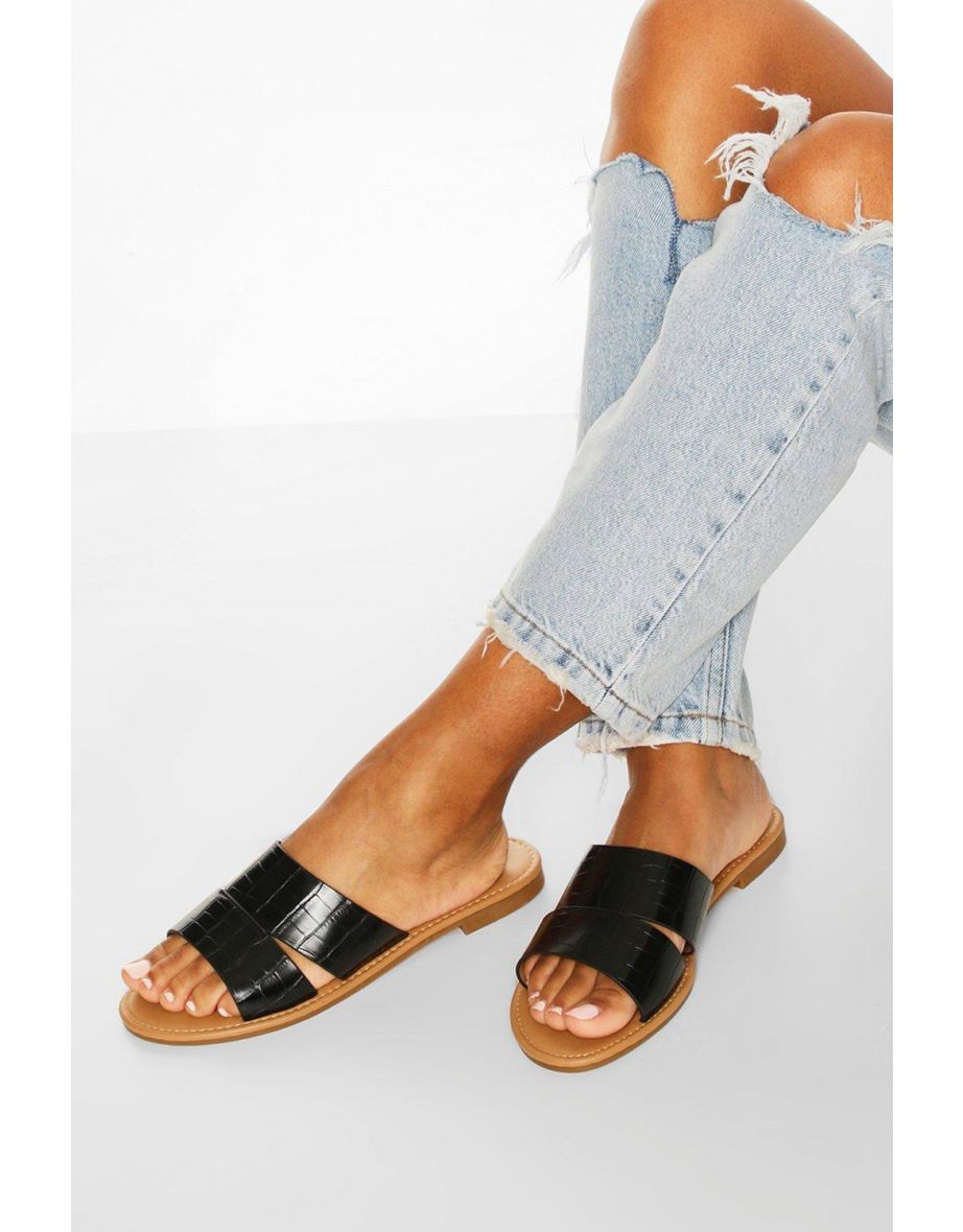 Croc Peeptoe Sliders - black