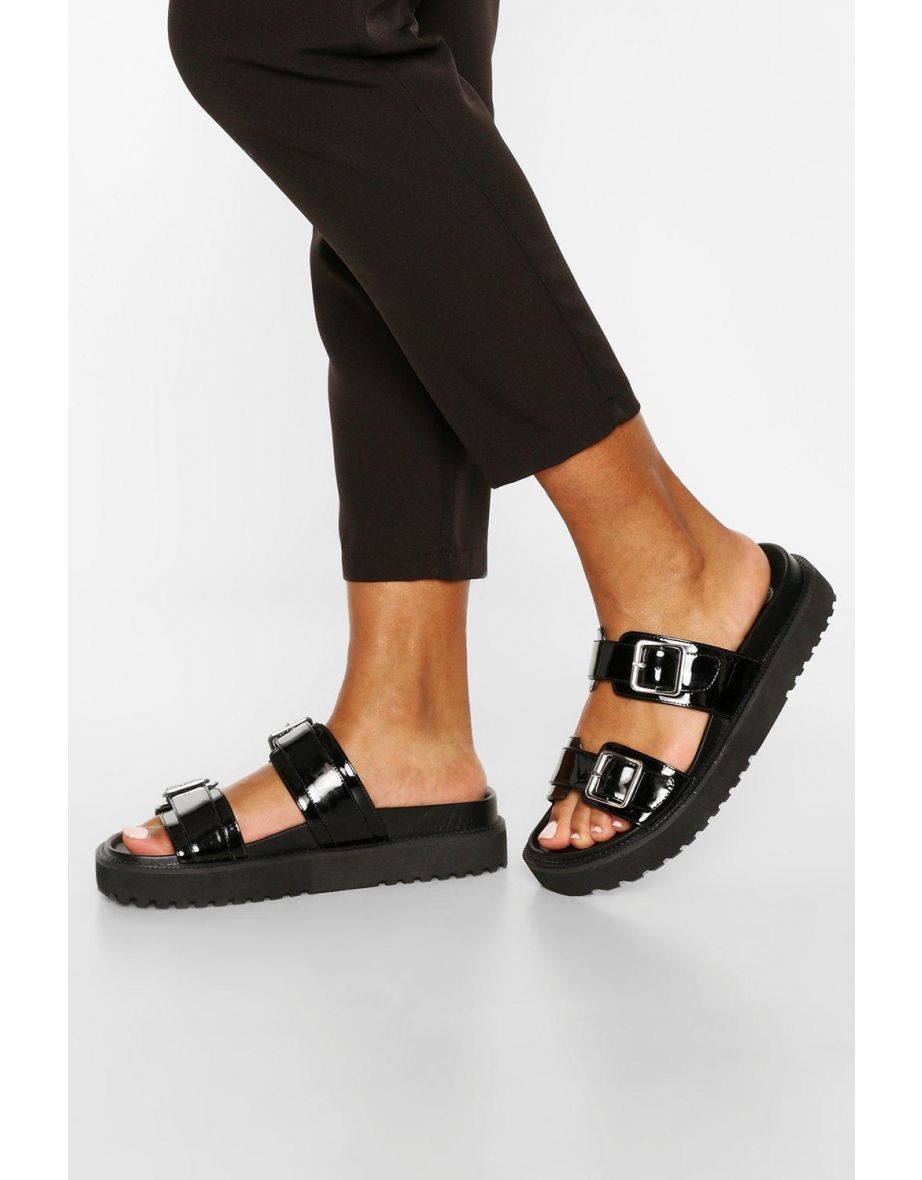 Double Strap Chunky Footbed Sliders - black