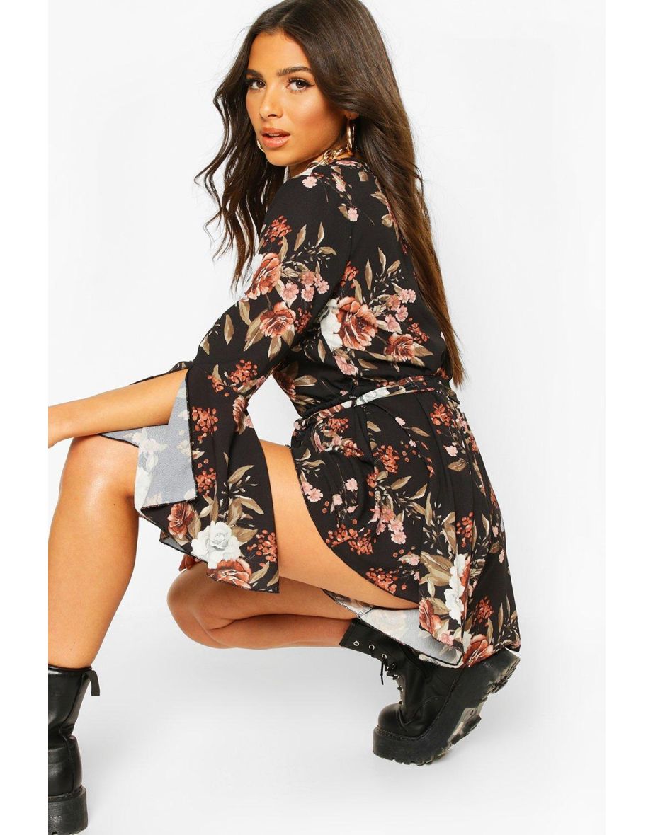 Floral Flared Sleeve Tie Waist Playsuit  - black - 3