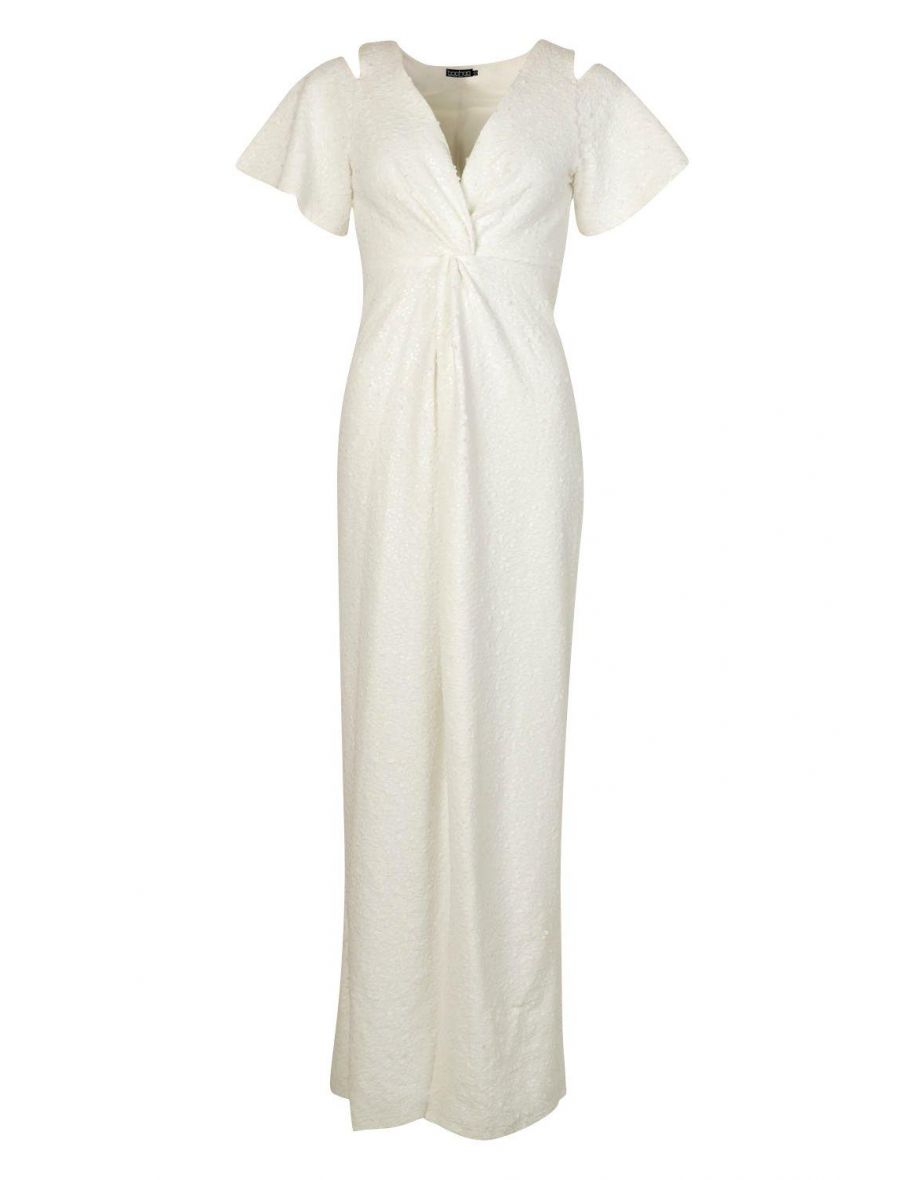 Bridesmaid Occasion Sequin Knot Front Maxi Dress - ivory - 3