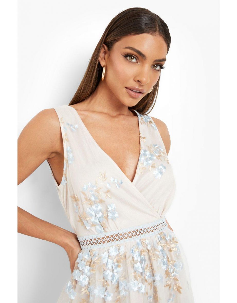 Boohoo Occasion Floral Embroidery Wrap Skater Dress - blue - 3