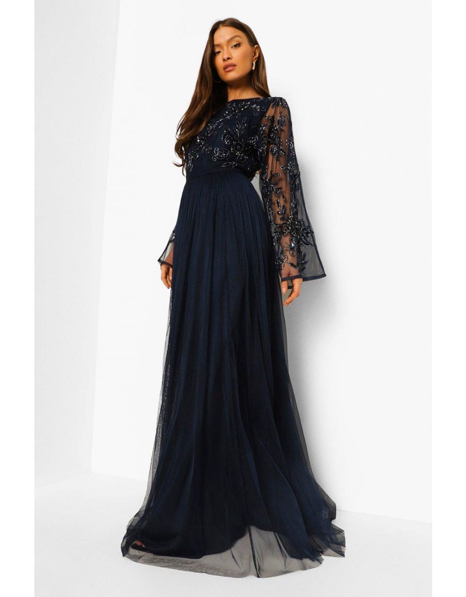 Bridesmaid Hand Embellished Long Sleeve Maxi Dress - navy - 3
