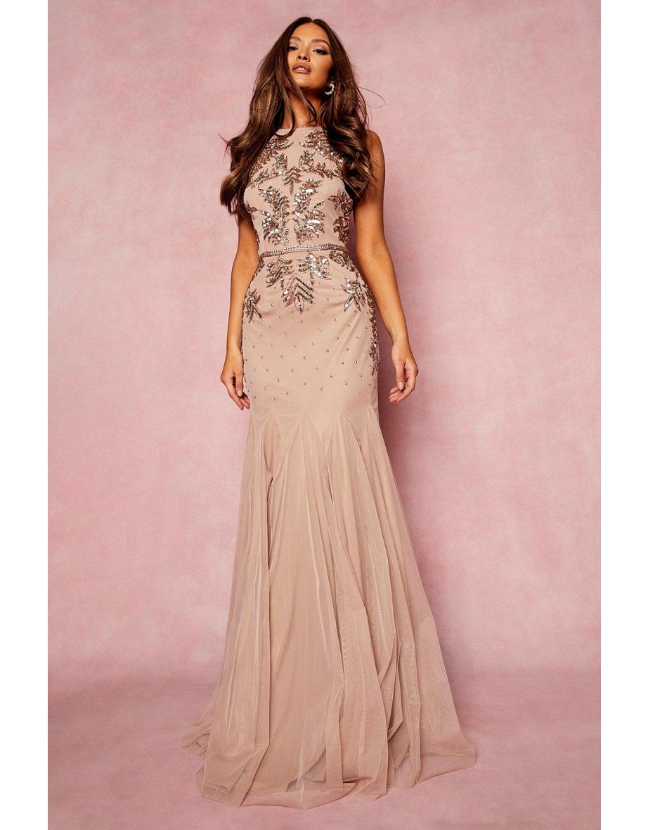 Bridesmaid Hand Embellished Halter Maxi Dress - blush