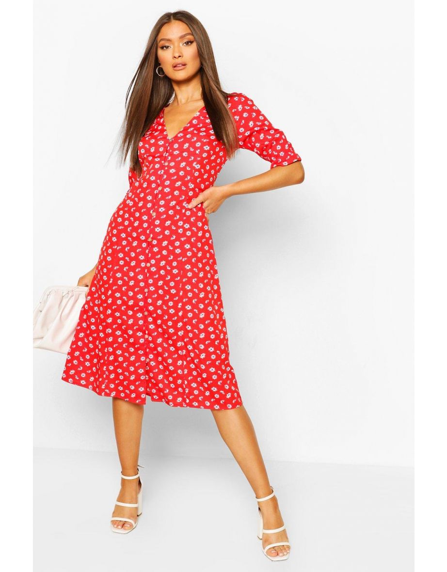 Daisy Button Through Midi Dress - red