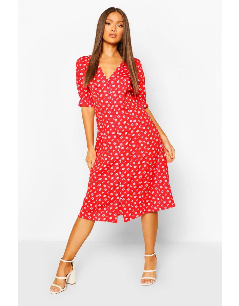 Daisy Button Through Midi Dress - red - 3