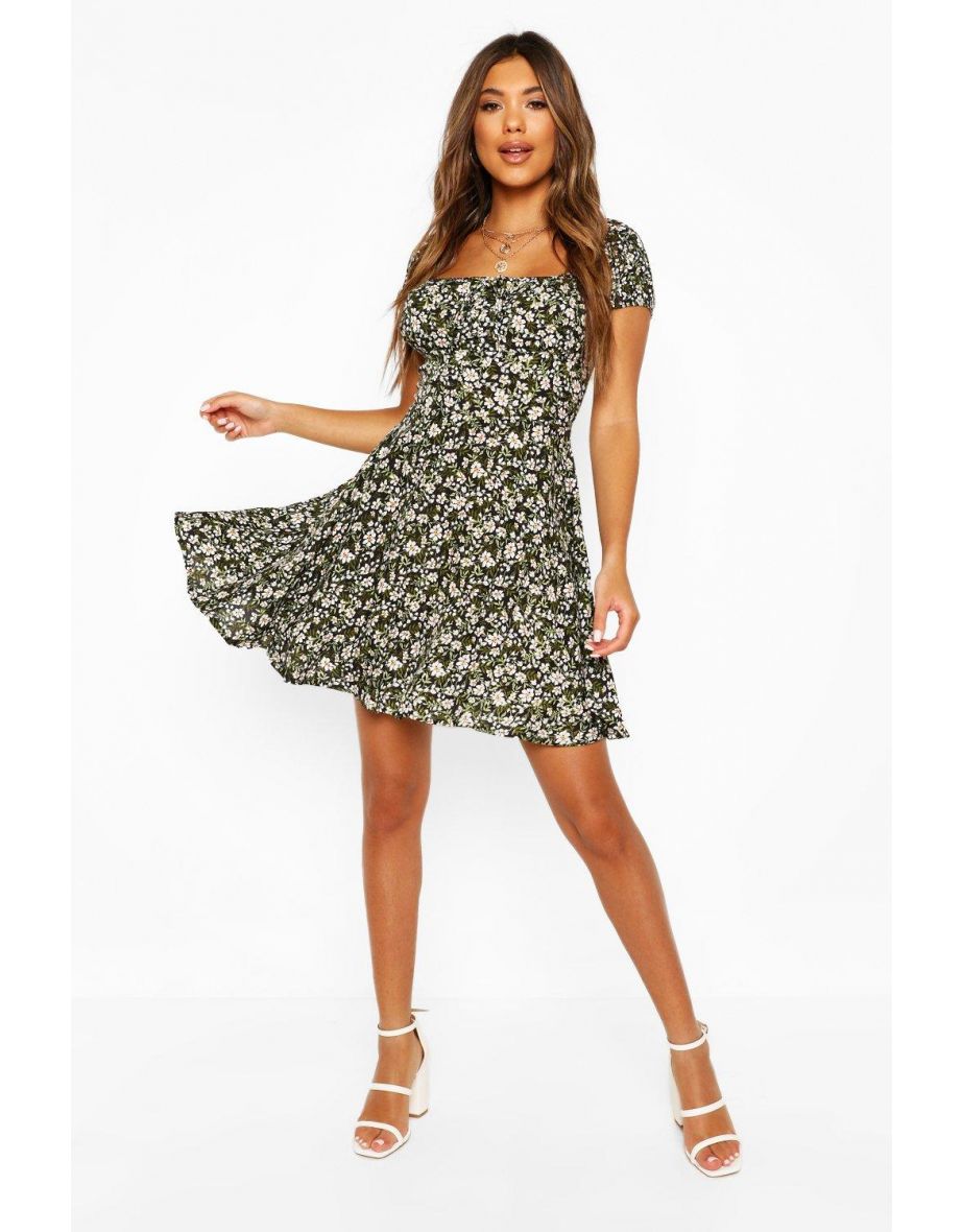 Floral Lace Up Skater Dress - black