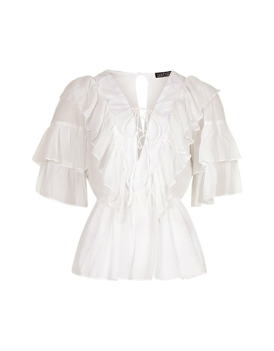 Woven Ruffle Lace Up Blouse - ivory - 1