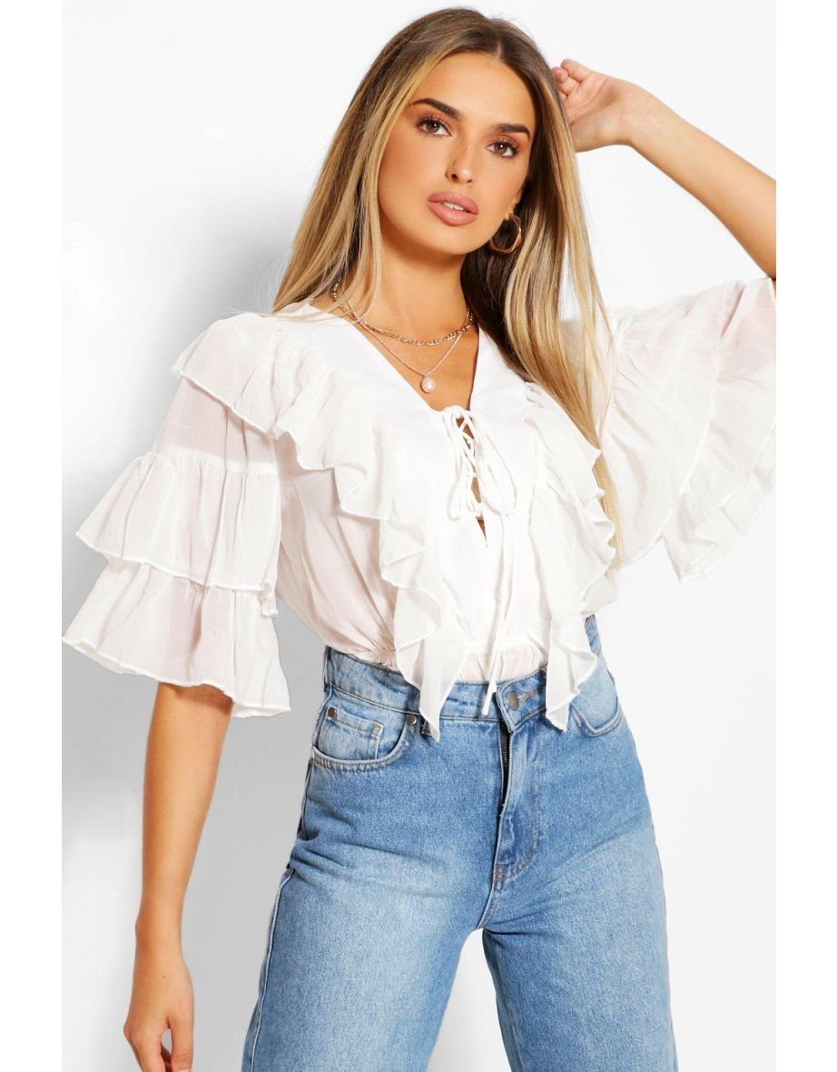 Woven Ruffle Lace Up Blouse - ivory