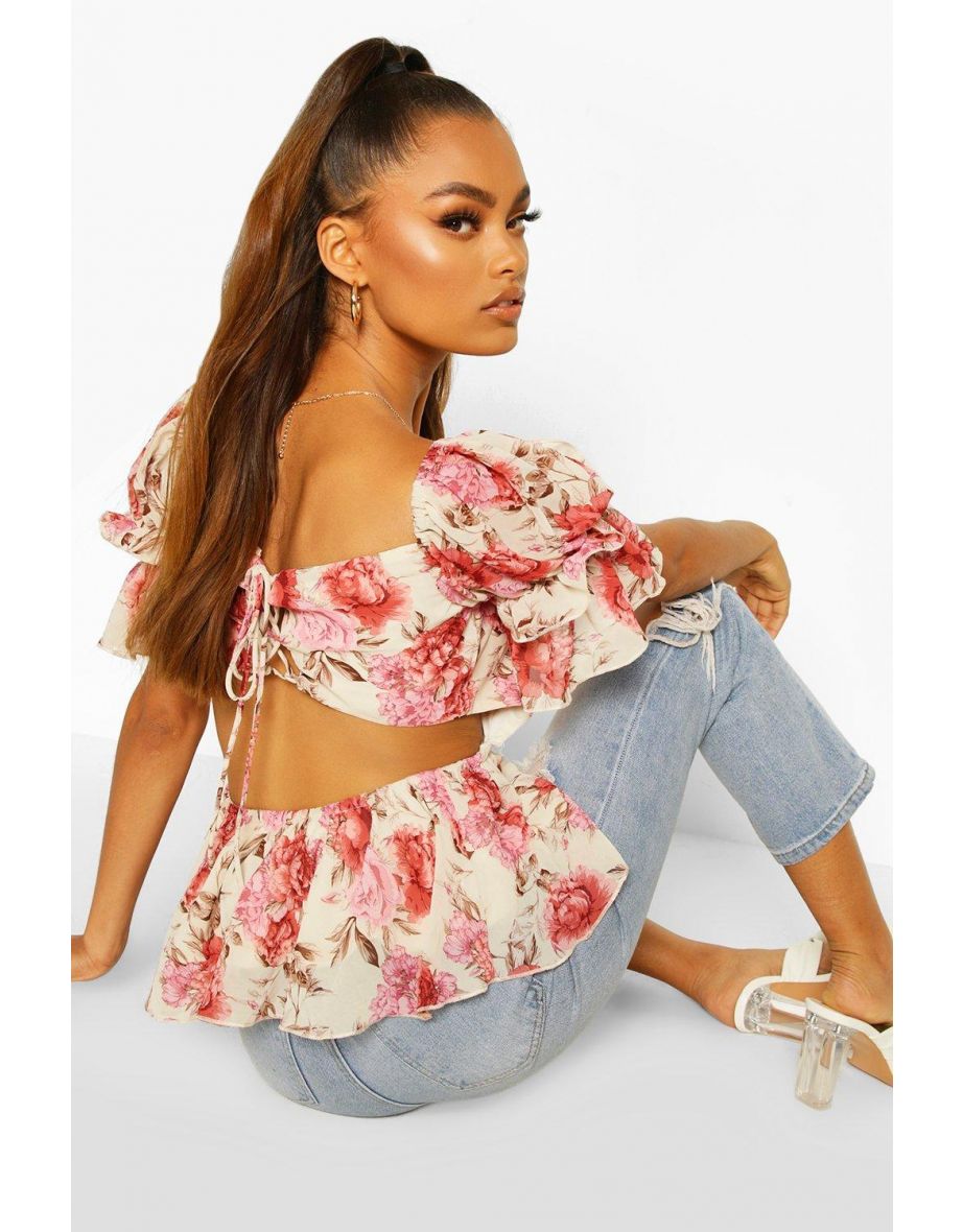 Woven Floral Open Back Peplum Top - black - 3