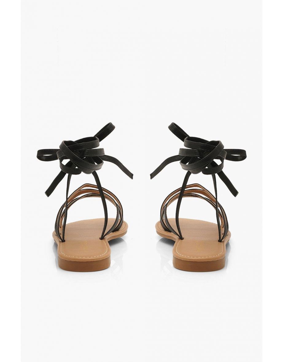 Strappy Ankle Tie Flat Sandals - black - 3