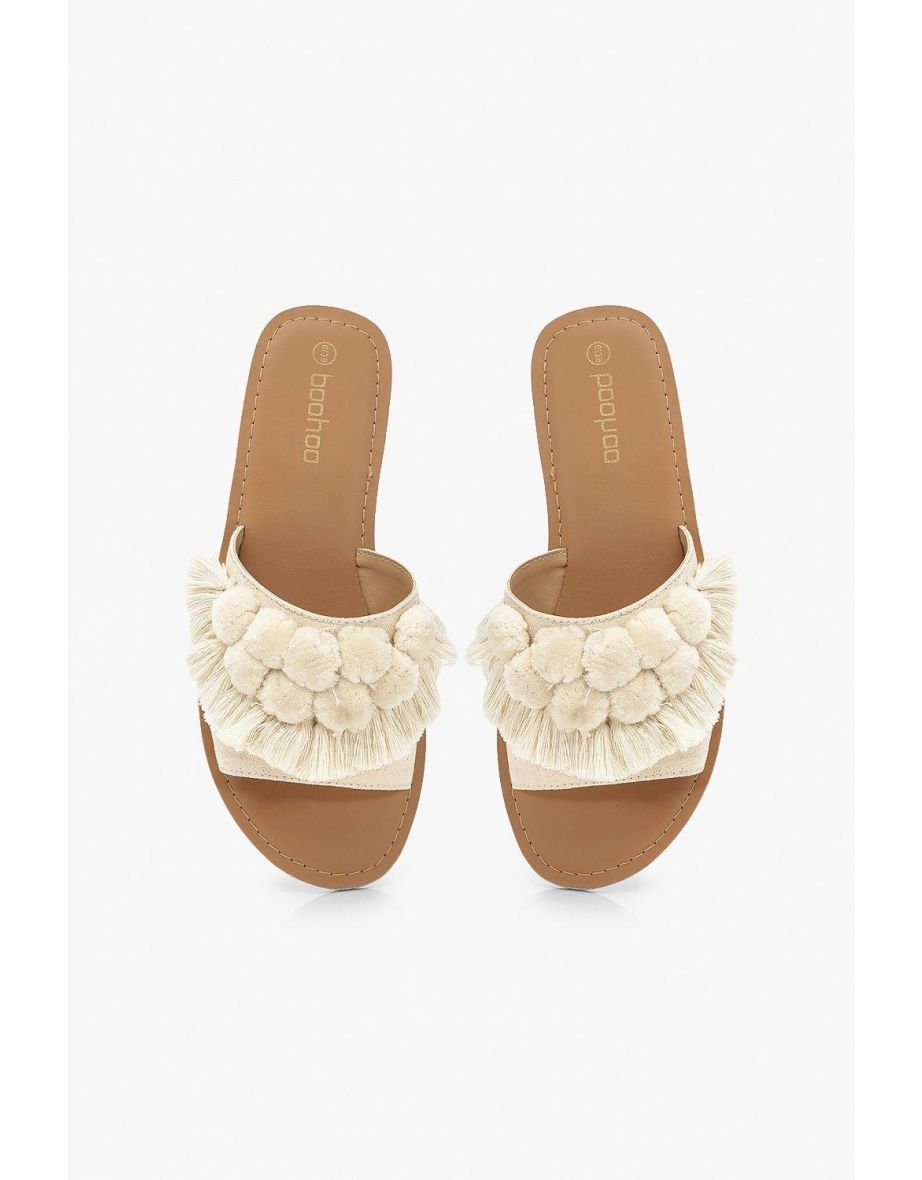Wide Fit Pom Pom Frill Sliders - natural - 3