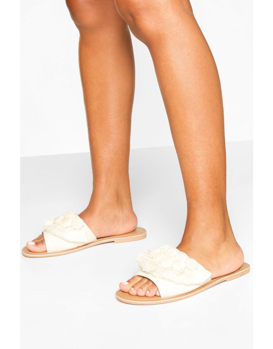 Wide Fit Pom Pom Frill Sliders - natural