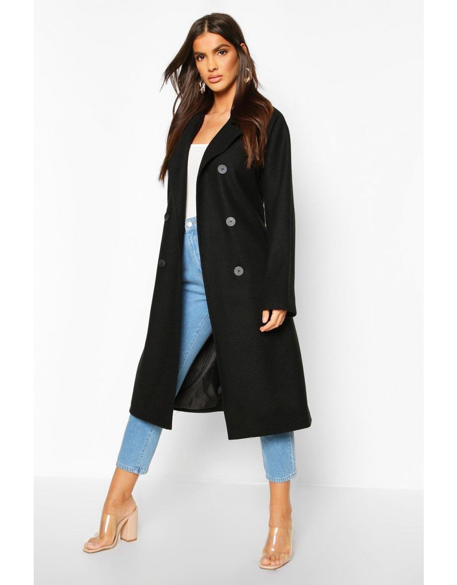 Double Breasted Belted Wool Look Coat - black