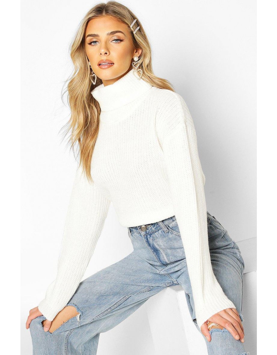 Cropped Fisherman Roll Neck Jumper - cream