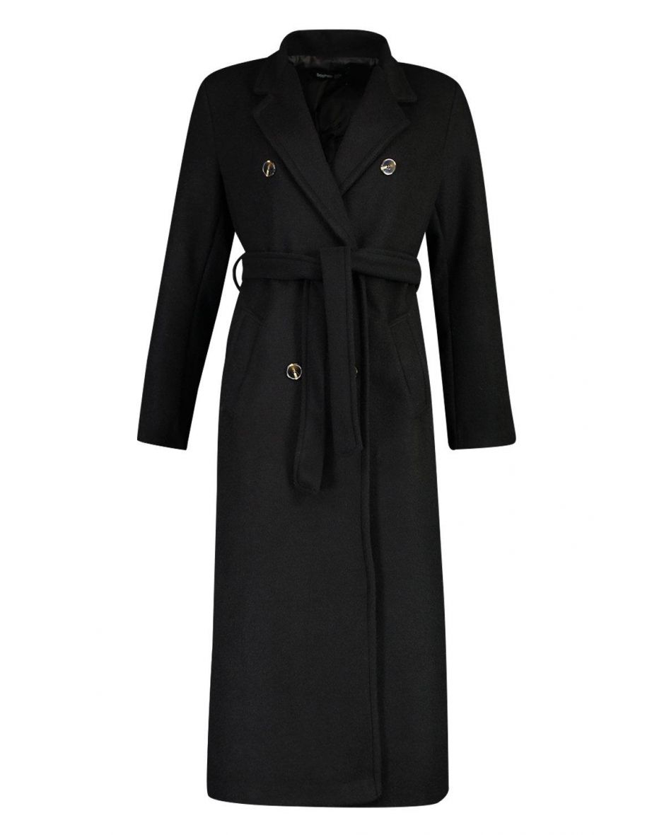Longline Double Breasted Belted Wool Look Coat - black - 1