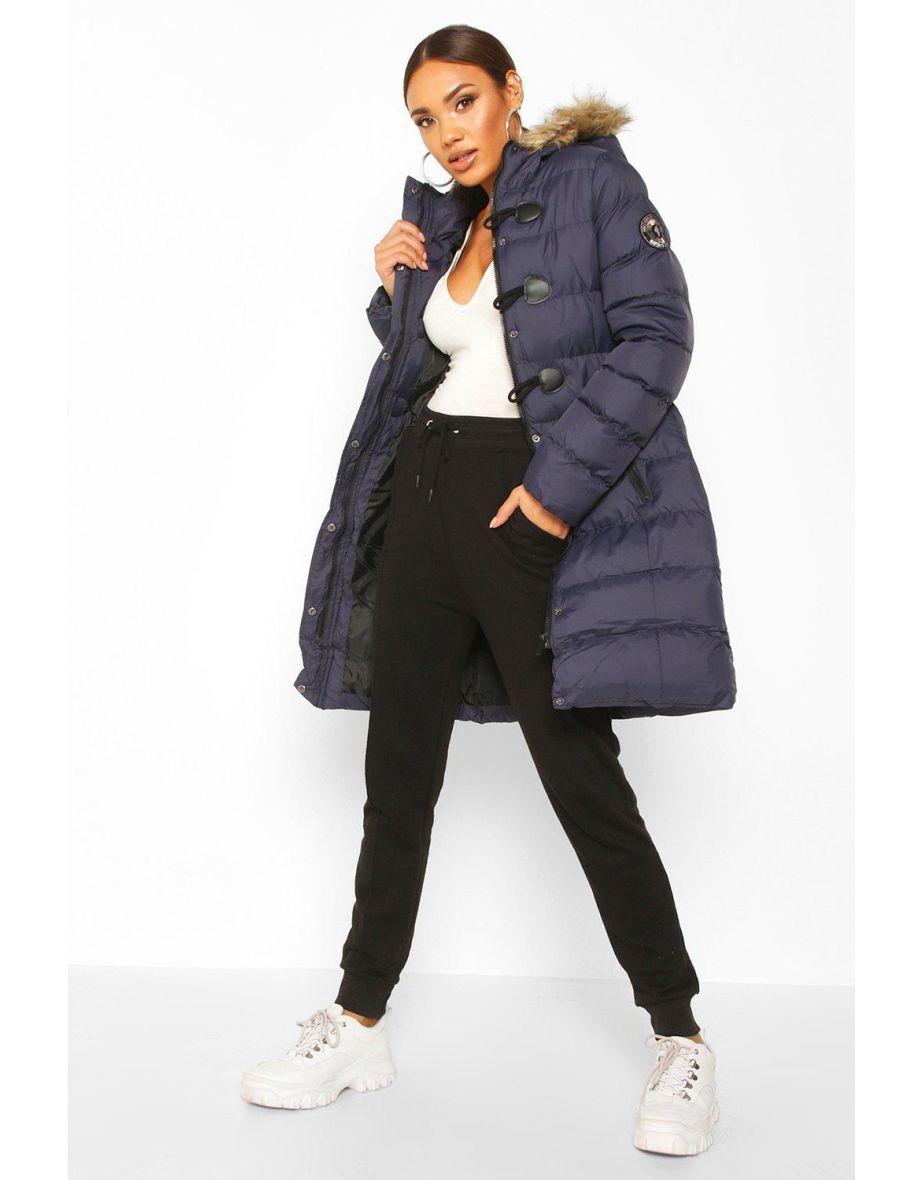 Quilted Faux Fur Hood Parka - navy