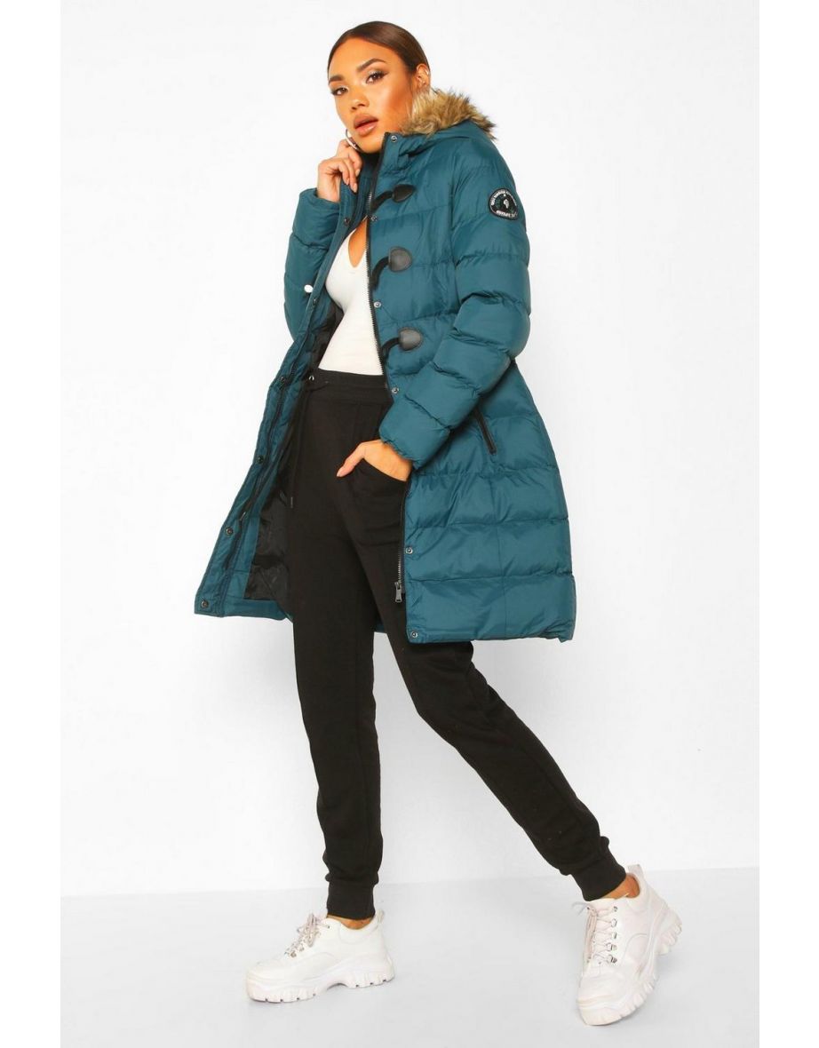 Quilted Faux Fur Hood Parka - teal