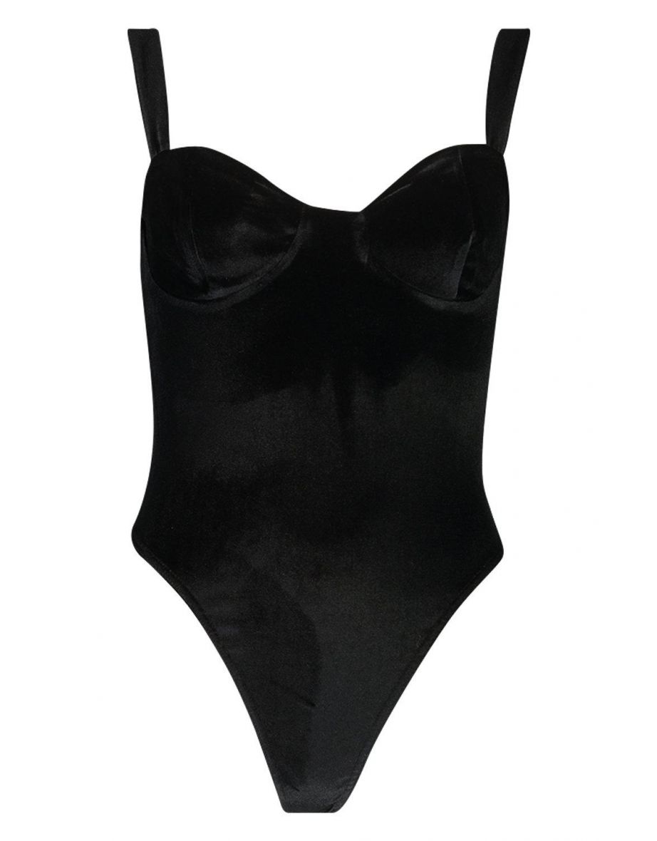 Velvet Cupped Bodysuit - black - 2