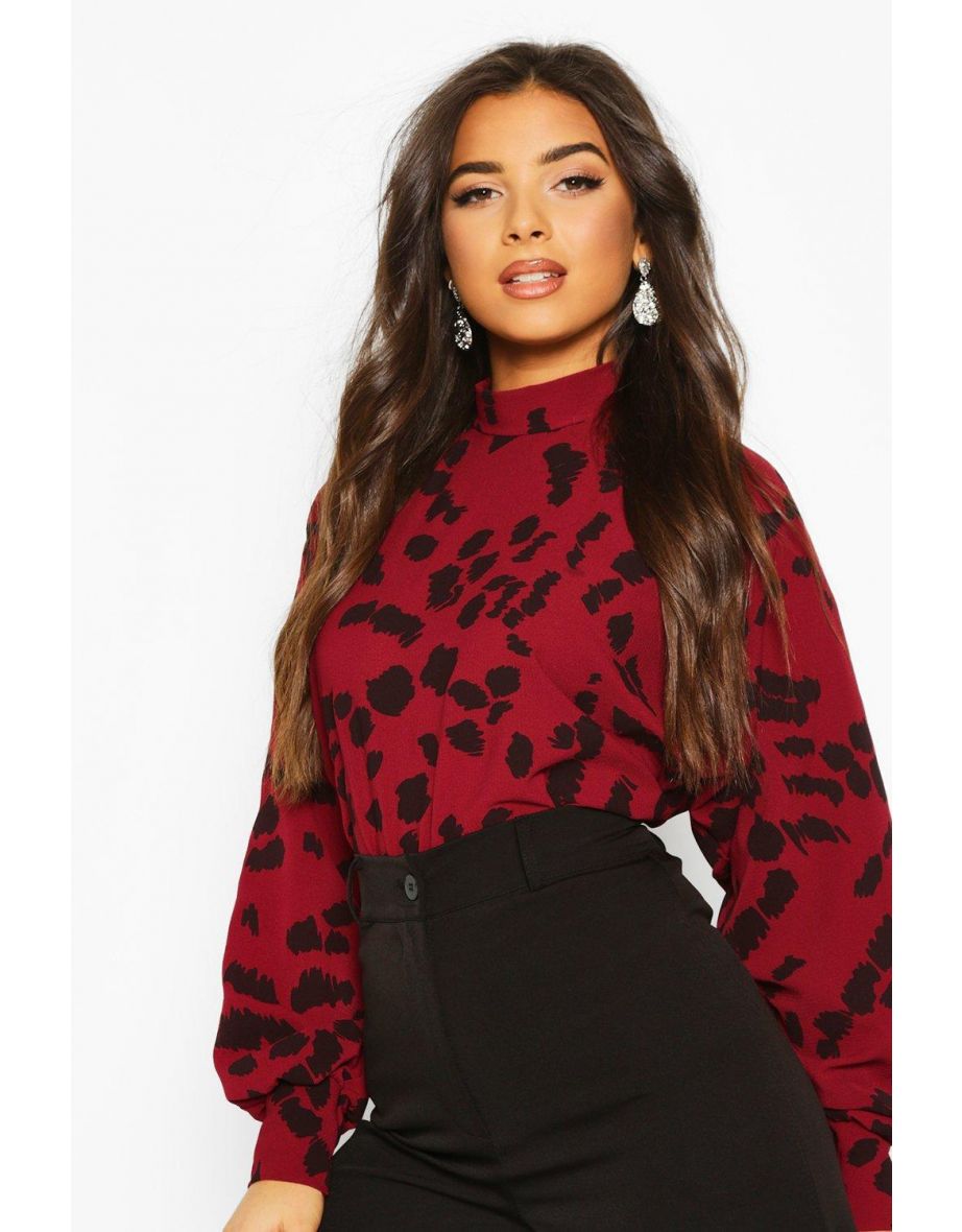 Dalmatian Print High Neck Blouse - wine - 3
