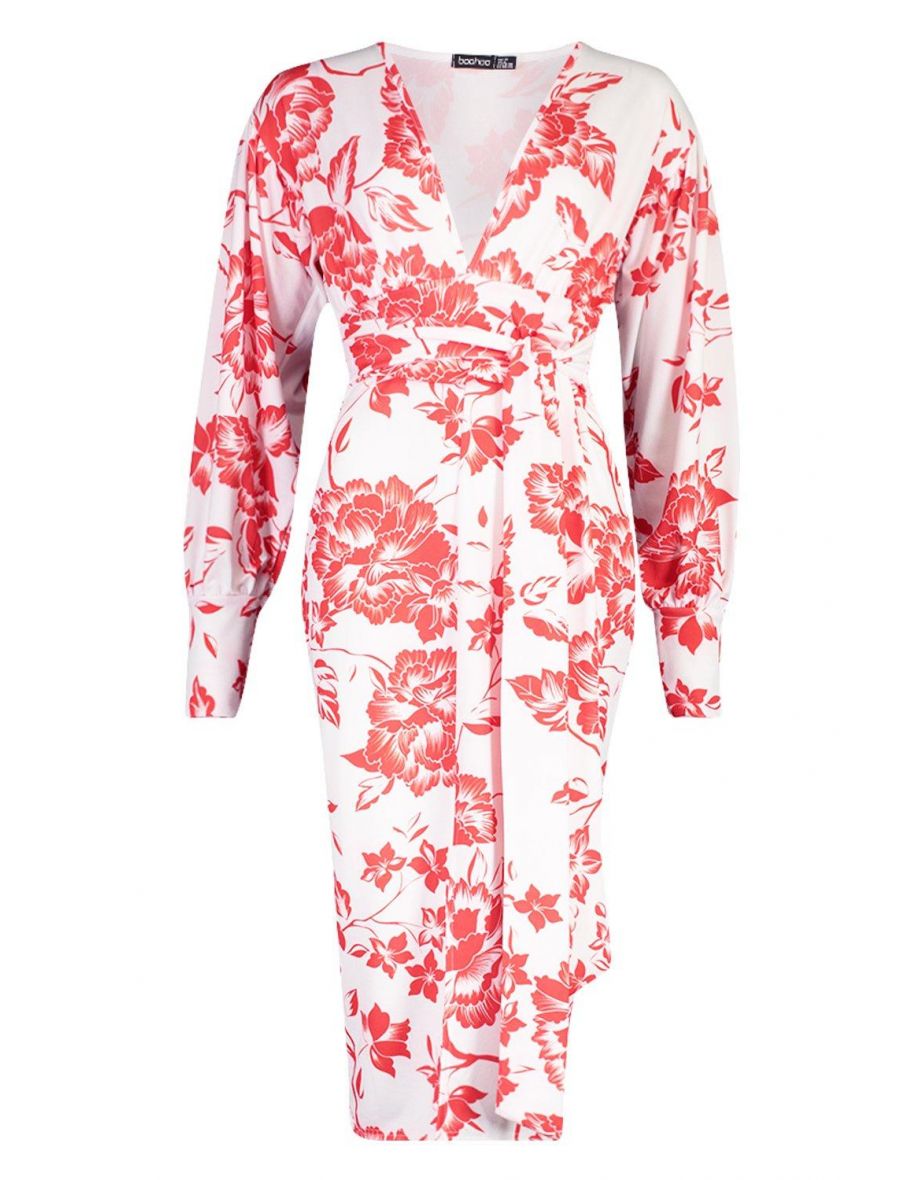 Floral Print Plunge Tie Waist Midi Dress - red - 1