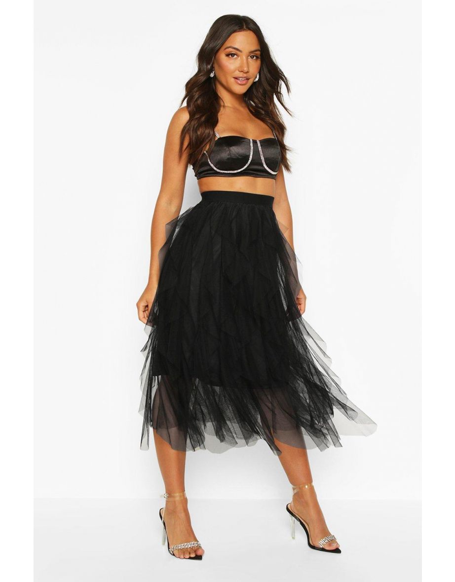 Layered Tulle Midi Skirt - black