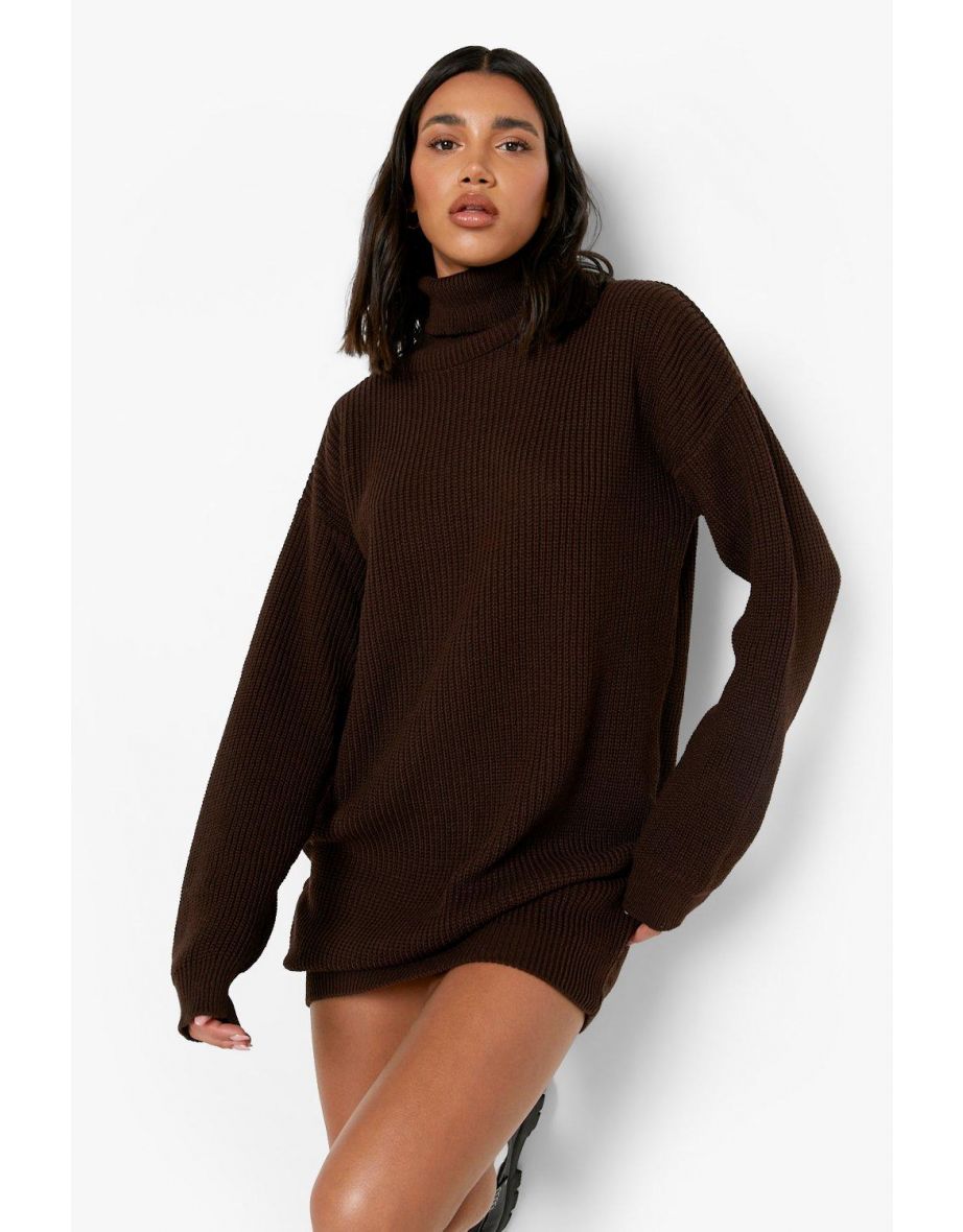 Roll Neck Fisherman Jumper Dress - chocolate - 3