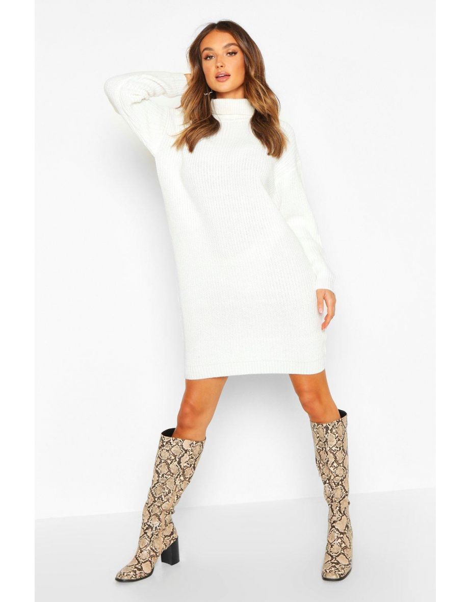 Roll Neck Fisherman Jumper Dress - cream