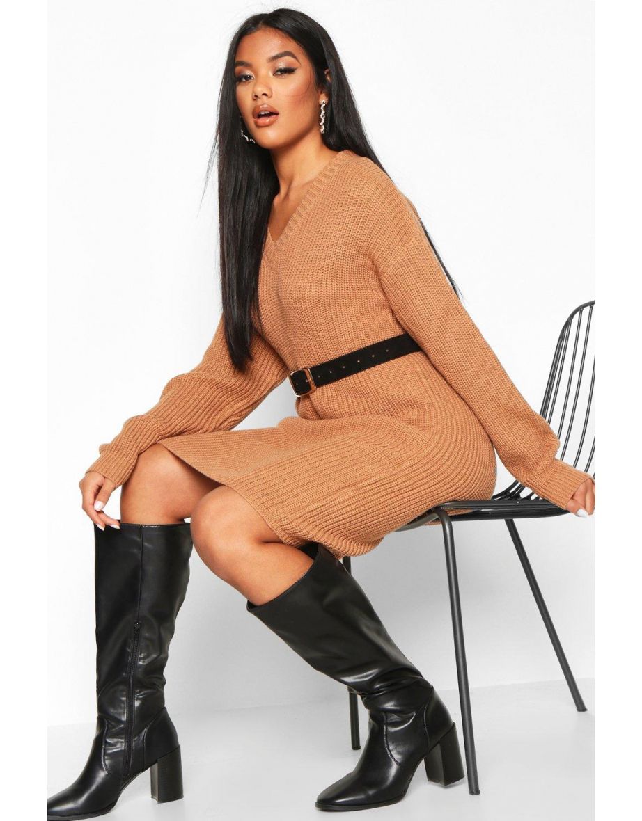 Fisherman V Neck Jumper Dress - biscuit