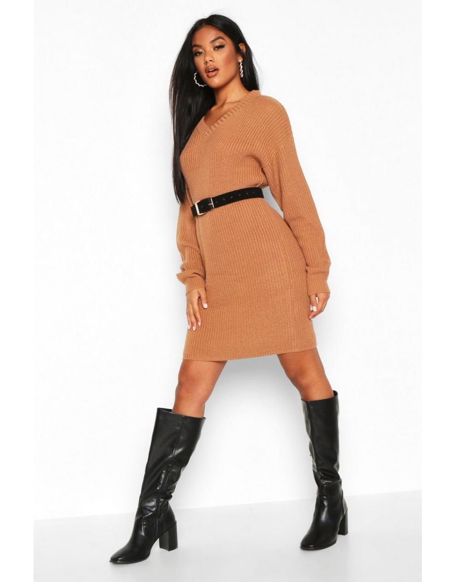 Fisherman V Neck Jumper Dress - biscuit - 3